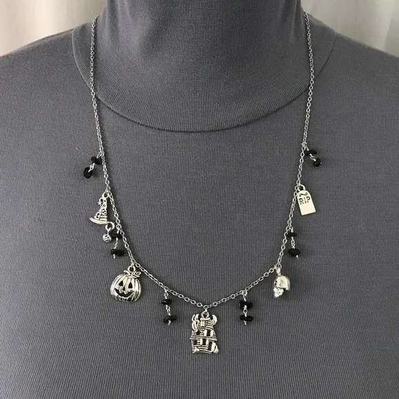 “All Hallows Eve" Handmade Silver Halloween Charm Necklace Haunted House Pumpkin - Picture 8 of 15